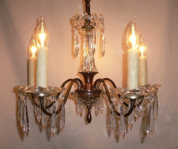 SOLD Wonderful Antique Art Deco Five-Light Brass and Glass Chandelier with Icicle Prisms-17036