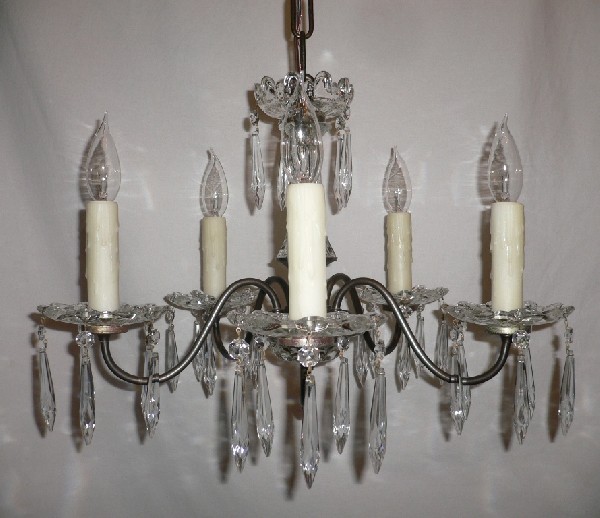 SOLD Wonderful Antique Art Deco Five-Light Brass and Glass Chandelier with Icicle Prisms-17037