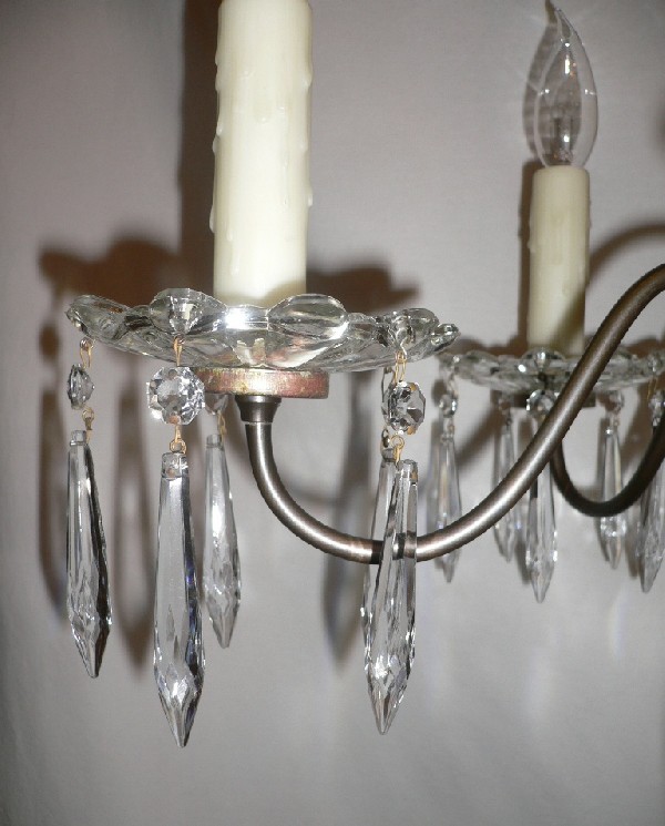 SOLD Wonderful Antique Art Deco Five-Light Brass and Glass Chandelier with Icicle Prisms-17038