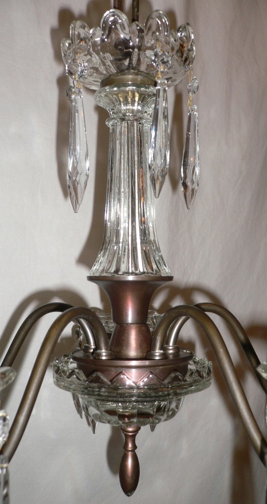 SOLD Wonderful Antique Art Deco Five-Light Brass and Glass Chandelier with Icicle Prisms-17039