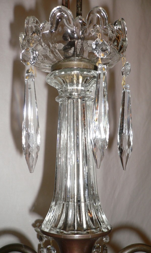 SOLD Wonderful Antique Art Deco Five-Light Brass and Glass Chandelier with Icicle Prisms-17040