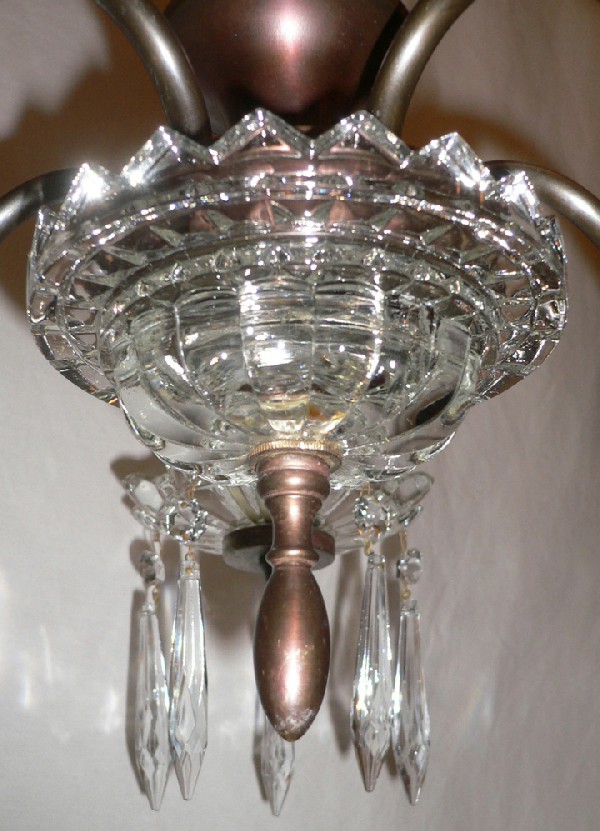 SOLD Wonderful Antique Art Deco Five-Light Brass and Glass Chandelier with Icicle Prisms-17041