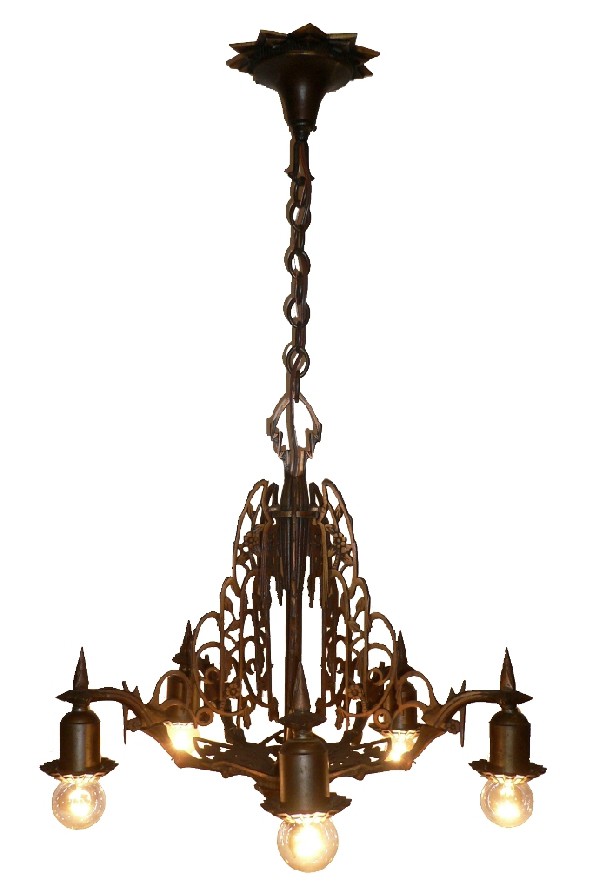 SOLD Fabulous Antique Art Deco Five-Light Bronze Chandelier-0