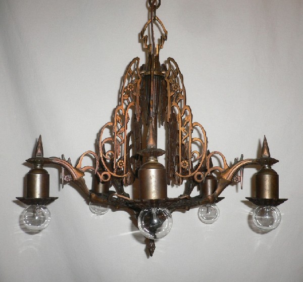 SOLD Fabulous Antique Art Deco Five-Light Bronze Chandelier-17071