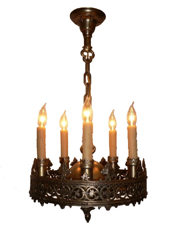 SOLD Handsome Antique Gothic Revival Five-Light Cast Bronze Chandelier, c. 1905-0