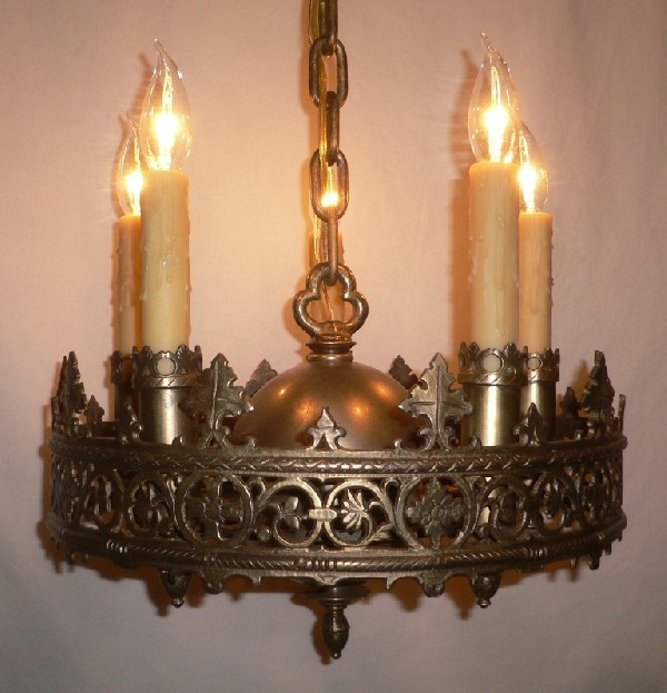 SOLD Handsome Antique Gothic Revival Five-Light Cast Bronze Chandelier, c. 1905-17087