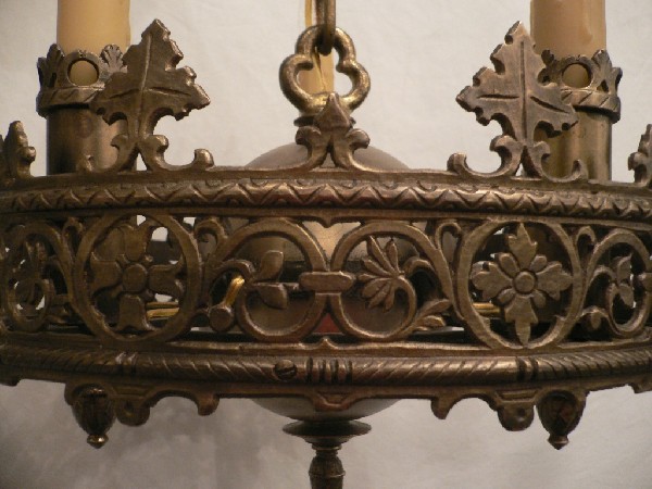 SOLD Handsome Antique Gothic Revival Five-Light Cast Bronze Chandelier, c. 1905-17088