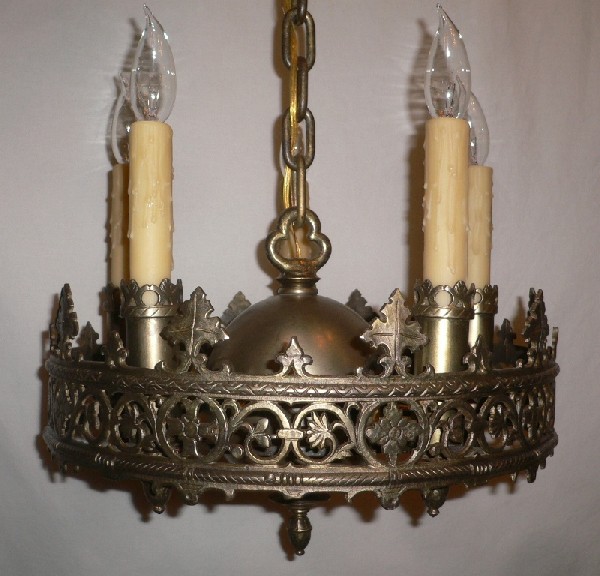 SOLD Handsome Antique Gothic Revival Five-Light Cast Bronze Chandelier, c. 1905-17092