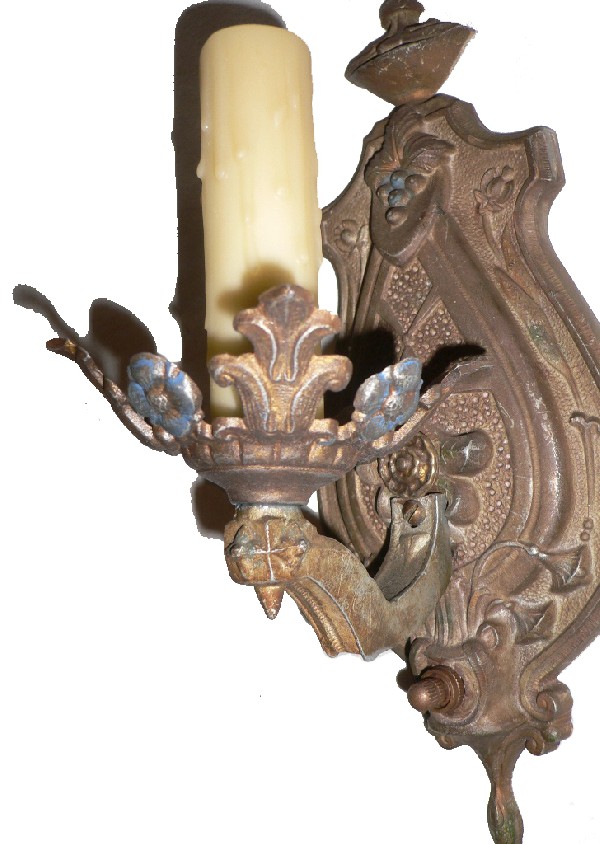 SOLD Splendid Pair of Antique Spanish Revival Single-Arm Sconces, Original Polychrome Finish-17102