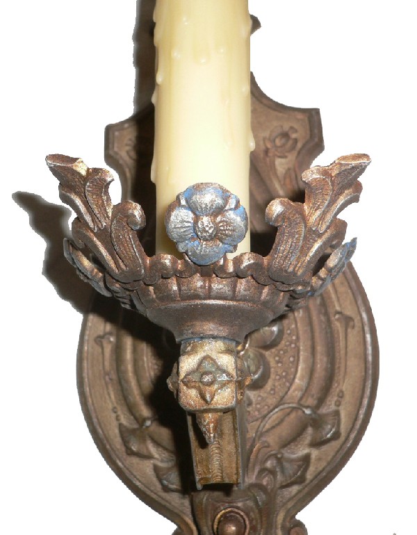SOLD Splendid Pair of Antique Spanish Revival Single-Arm Sconces, Original Polychrome Finish-17105