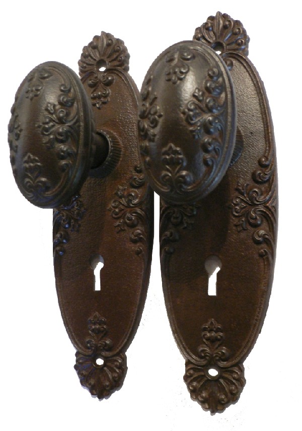 SOLD Eleven Antique "Cambridge" Door Knob Sets by Lockwood Mfg. Co., with Plates & Mortise Lock, Cast Iron, c. 1900-0