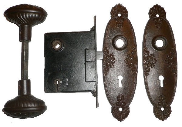 SOLD Eleven Antique "Cambridge" Door Knob Sets by Lockwood Mfg. Co., with Plates & Mortise Lock, Cast Iron, c. 1900-17108