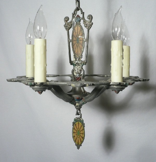 SOLD Amazing Antique Five-Light Chandelier, Original Polychrome Finish-17160