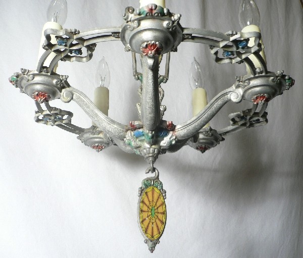 SOLD Amazing Antique Five-Light Chandelier, Original Polychrome Finish-17161
