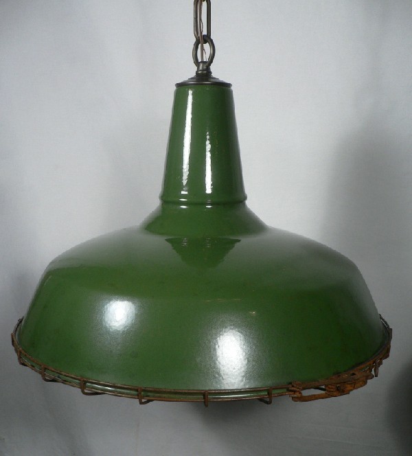 SOLD Set of Four Matching Antique Green Enamel & Porcelain Industrial Light Fixtures with Cages -17204