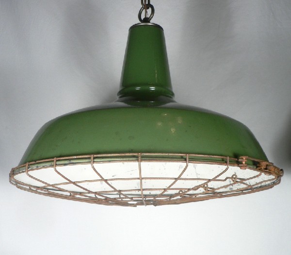 SOLD Set of Four Matching Antique Green Enamel & Porcelain Industrial Light Fixtures with Cages -17205
