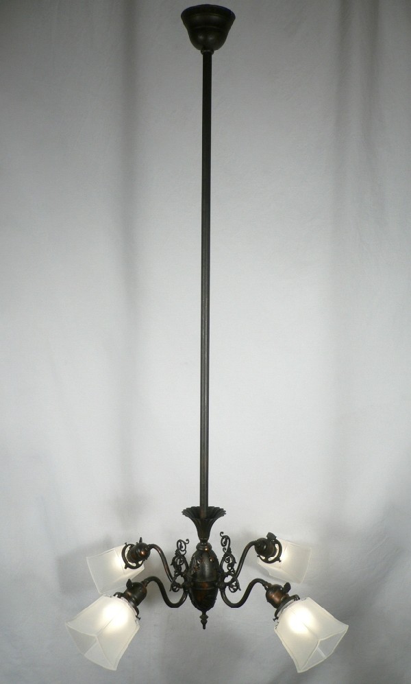 SOLD Resplendent Antique Cast Brass Four-Light Chandelier, Original Japanned Finish, 1800’s-17280