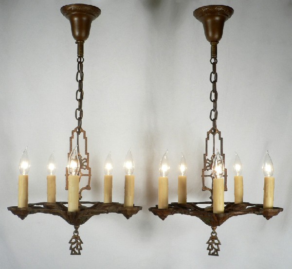 SOLD Matching Pair of Antique Art Deco Five-Light Chandeliers, Original Polychrome Finish -- ONE AVAILABLE-0