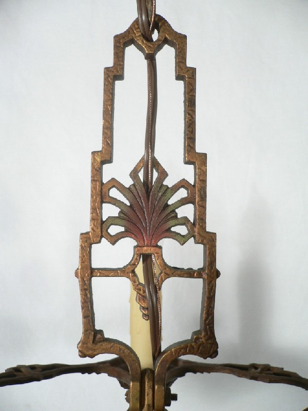 SOLD Matching Pair of Antique Art Deco Five-Light Chandeliers, Original Polychrome Finish -- ONE AVAILABLE-17289