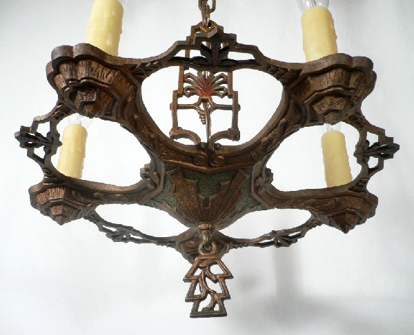 SOLD Matching Pair of Antique Art Deco Five-Light Chandeliers, Original Polychrome Finish -- ONE AVAILABLE-17290