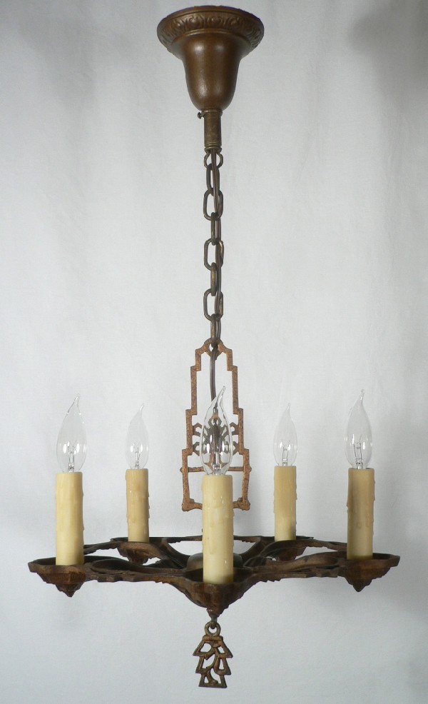 SOLD Matching Pair of Antique Art Deco Five-Light Chandeliers, Original Polychrome Finish -- ONE AVAILABLE-17293