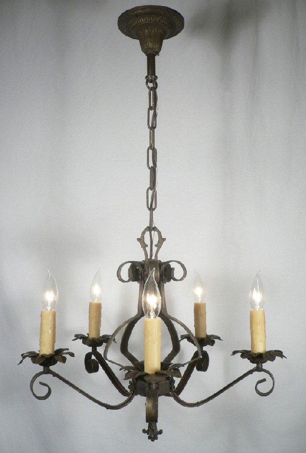 SOLD Wonderful Antique Five-Light Iron Chandelier with Floret and Foliate Accents-0