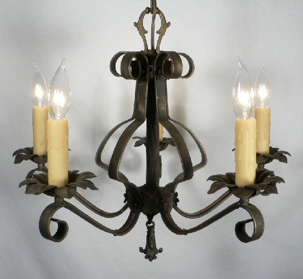 SOLD Wonderful Antique Five-Light Iron Chandelier with Floret and Foliate Accents-17296