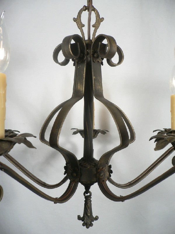 SOLD Wonderful Antique Five-Light Iron Chandelier with Floret and Foliate Accents-17299