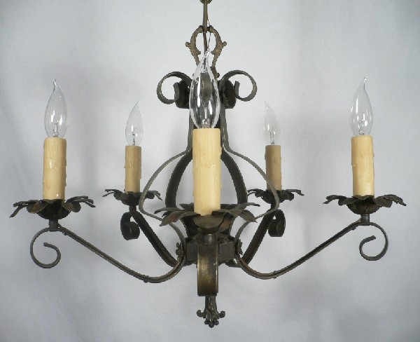 SOLD Wonderful Antique Five-Light Iron Chandelier with Floret and Foliate Accents-17302