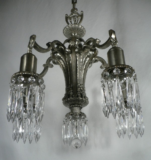 SOLD Splendid Antique Neoclassical Five-Light Chandelier with Prisms, Silver Plate over Bronze-17334