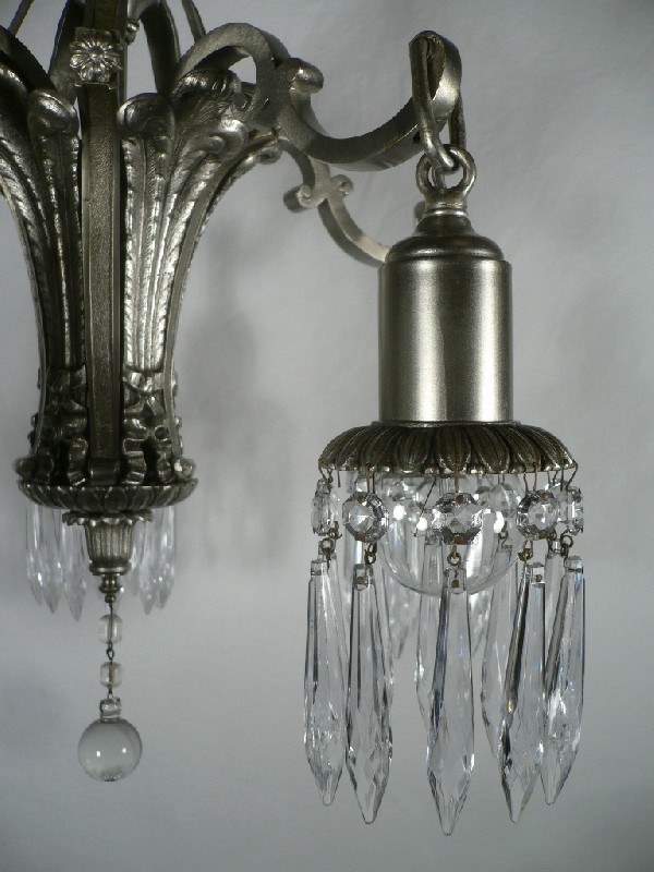 SOLD Splendid Antique Neoclassical Five-Light Chandelier with Prisms, Silver Plate over Bronze-17335