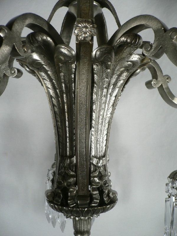 SOLD Splendid Antique Neoclassical Five-Light Chandelier with Prisms, Silver Plate over Bronze-17336