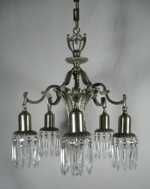 SOLD Splendid Antique Neoclassical Five-Light Chandelier with Prisms, Silver Plate over Bronze-17339