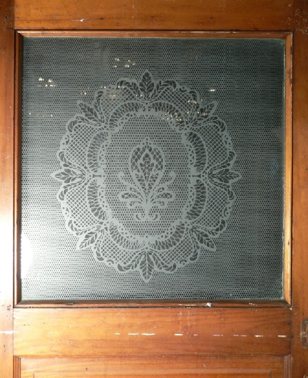 SOLD Beautiful Antique Heart Pine Door with Original Acid-Etched Glass, c. 1890’s-17358