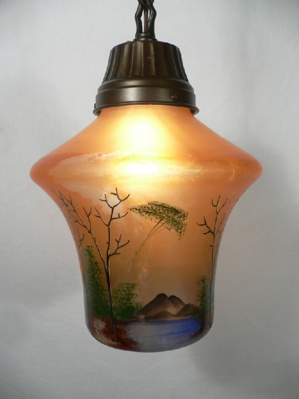 SOLD Antique Brass Pendant Light Fixture with Signed Handel Shade #8374, Lake Scene-0