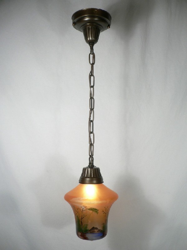 SOLD Antique Brass Pendant Light Fixture with Signed Handel Shade #8374, Lake Scene-17411