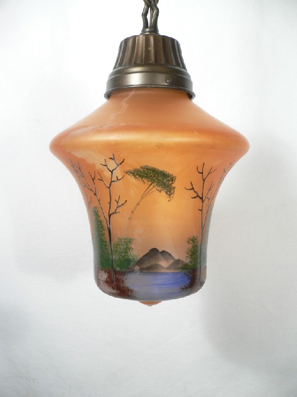 SOLD Antique Brass Pendant Light Fixture with Signed Handel Shade #8374, Lake Scene-17416