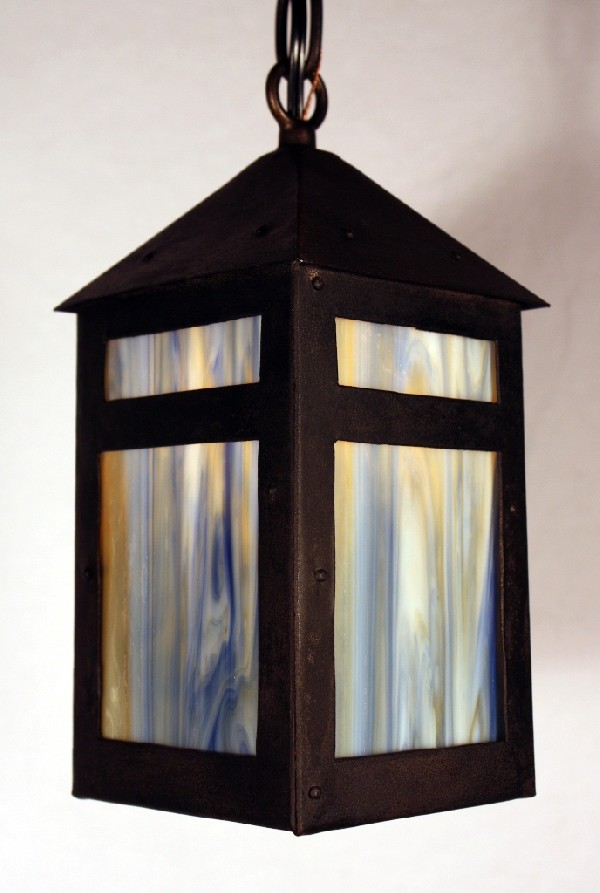 SOLD Delightful Antique Arts & Crafts Lantern Pendant Light, Riveted, Blue & Gold Slag Glass-0