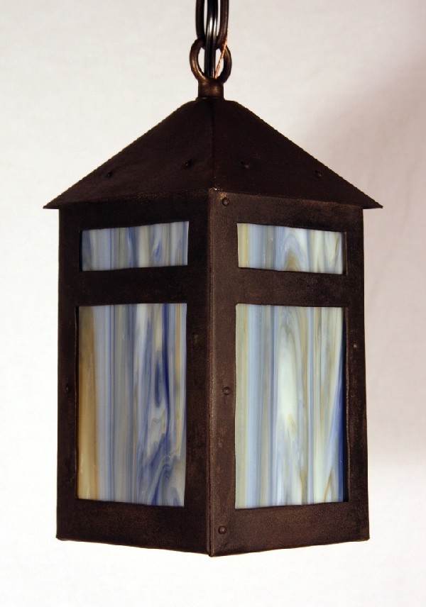 SOLD Delightful Antique Arts & Crafts Lantern Pendant Light, Riveted, Blue & Gold Slag Glass-17422