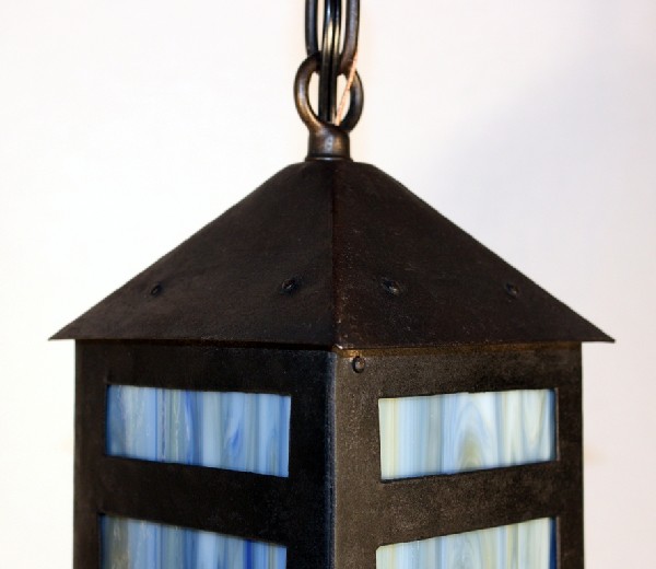 SOLD Delightful Antique Arts & Crafts Lantern Pendant Light, Riveted, Blue & Gold Slag Glass-17424