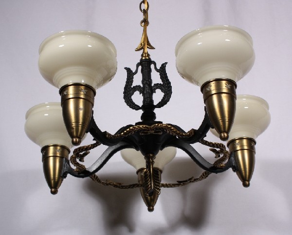 SOLD Matching Pair of Antique Art Deco Five-Light Brass Chandeliers, Signed Levolite, Original Sit-In Shades-17427