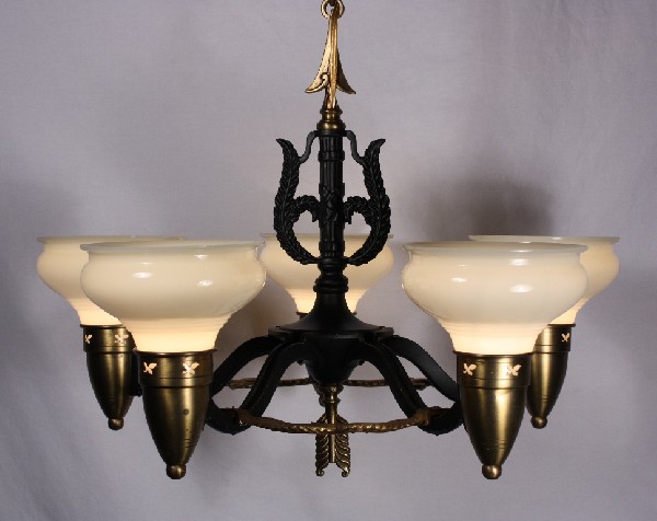 SOLD Matching Pair of Antique Art Deco Five-Light Brass Chandeliers, Signed Levolite, Original Sit-In Shades-17431