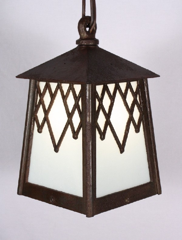 SOLD Charming Antique Cast Iron Arts & Crafts Lantern Pendant Light, c. 1910-0