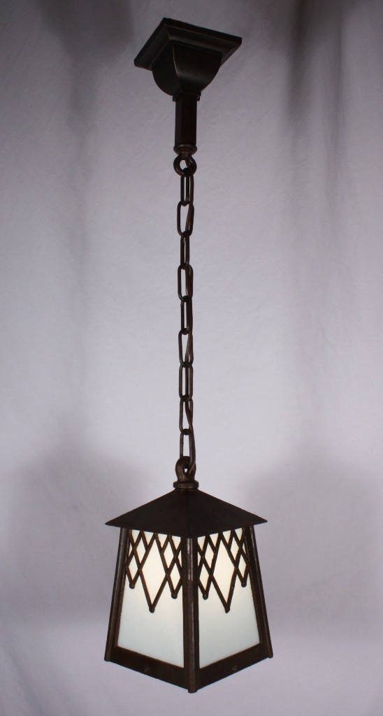 SOLD Charming Antique Cast Iron Arts & Crafts Lantern Pendant Light, c. 1910-17435
