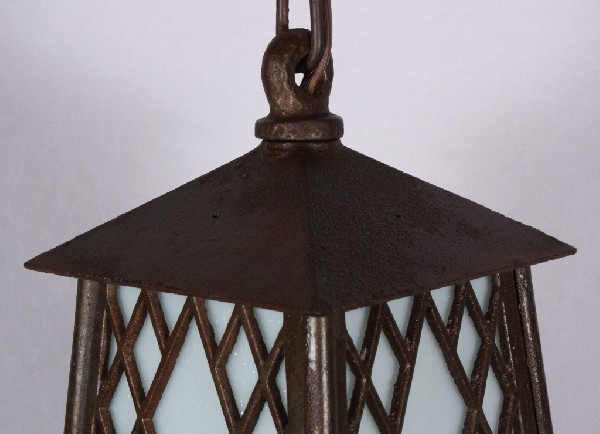 SOLD Charming Antique Cast Iron Arts & Crafts Lantern Pendant Light, c. 1910-17437