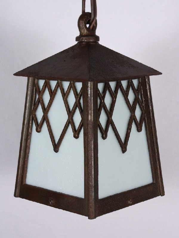 SOLD Charming Antique Cast Iron Arts & Crafts Lantern Pendant Light, c. 1910-17439