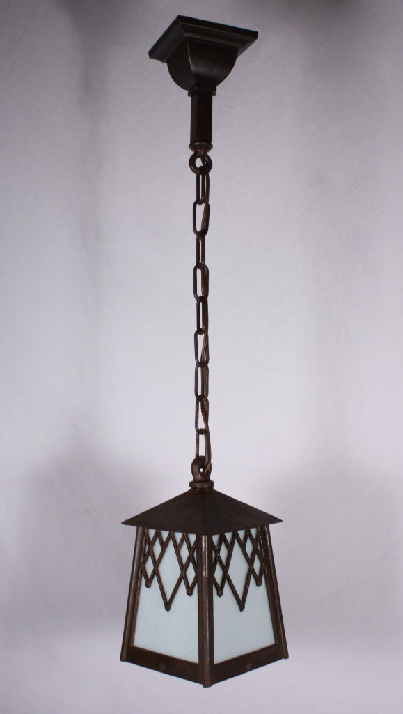 SOLD Charming Antique Cast Iron Arts & Crafts Lantern Pendant Light, c. 1910-17440
