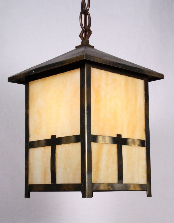 SOLD Fabulous Antique Brass Arts & Crafts Lantern Pendant Light, Original Amber Slag Glass-0
