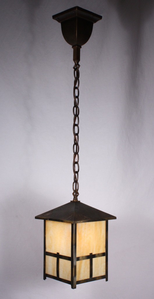 SOLD Fabulous Antique Brass Arts & Crafts Lantern Pendant Light, Original Amber Slag Glass-17443
