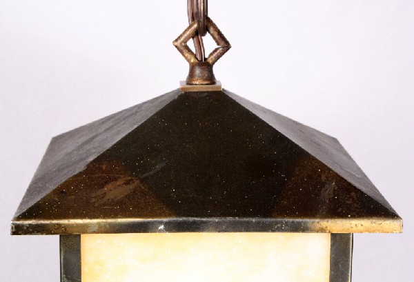 SOLD Fabulous Antique Brass Arts & Crafts Lantern Pendant Light, Original Amber Slag Glass-17445